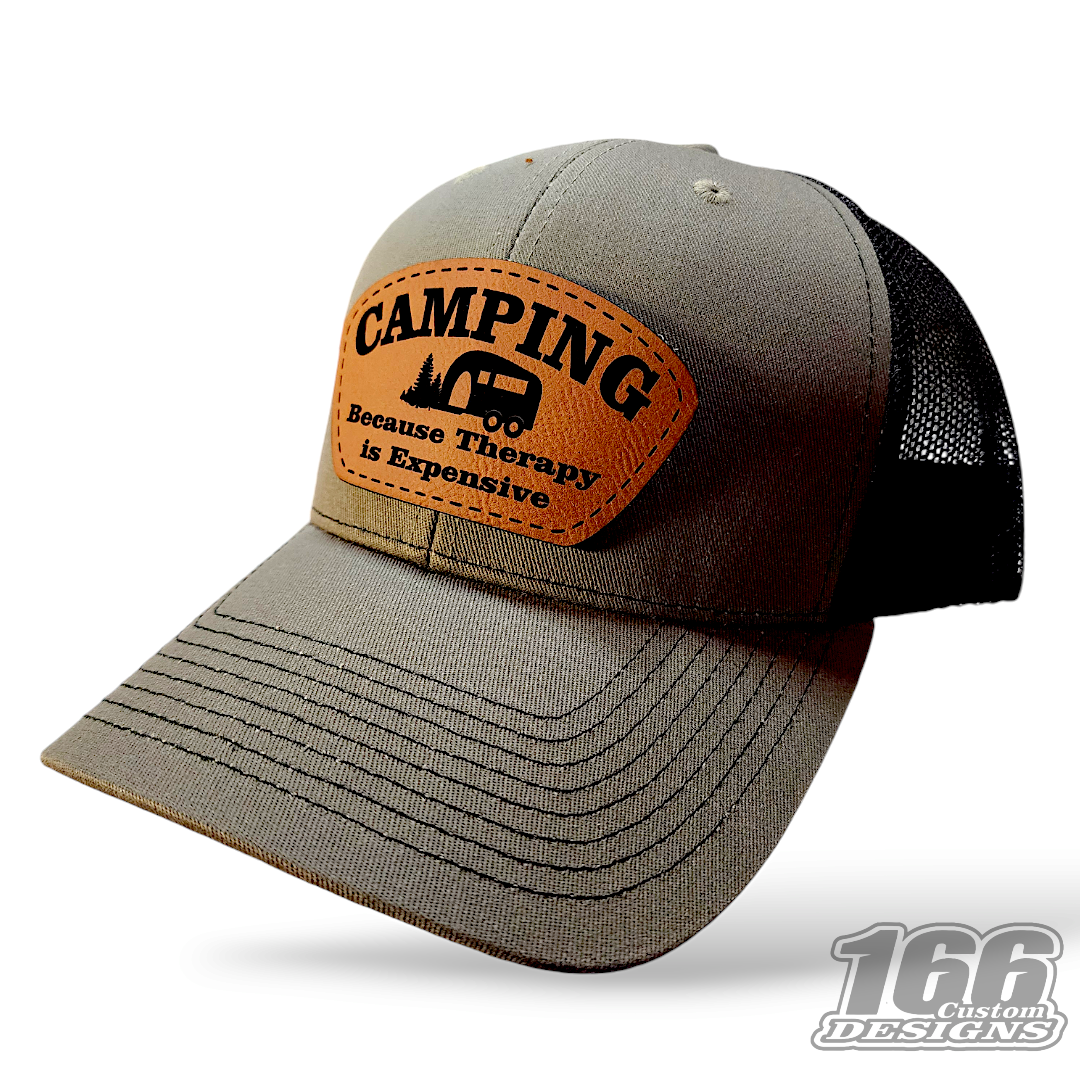 "Camping because therapy is expensive" Leather Patch Hat