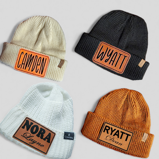 Custom Leather Name Patch Beanies