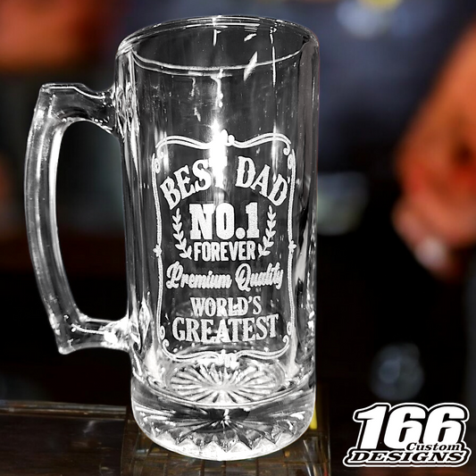 "BEST DAD NO.1" engraved 26.5oz glass mug.